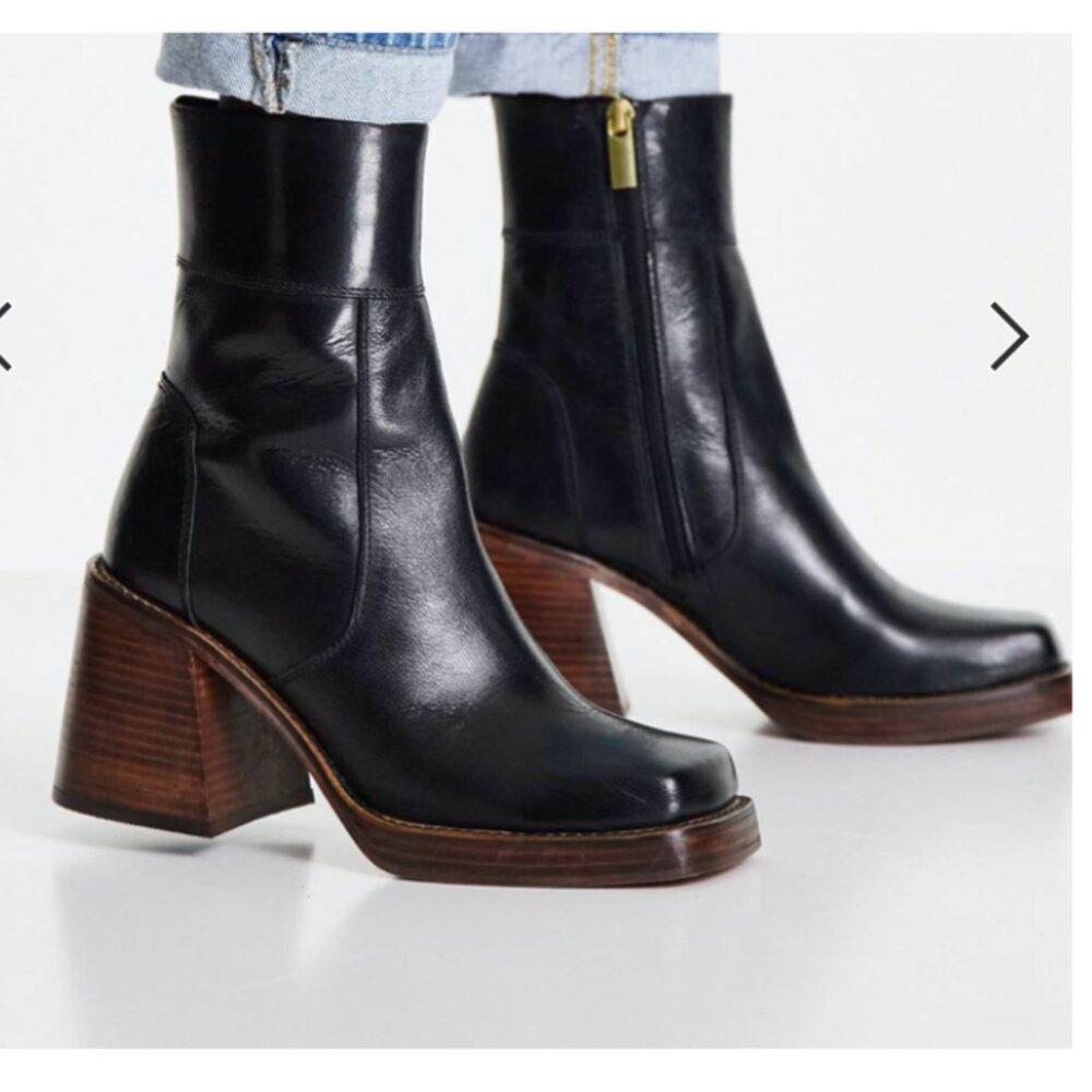 Black Leather Chunky Ankle Boot